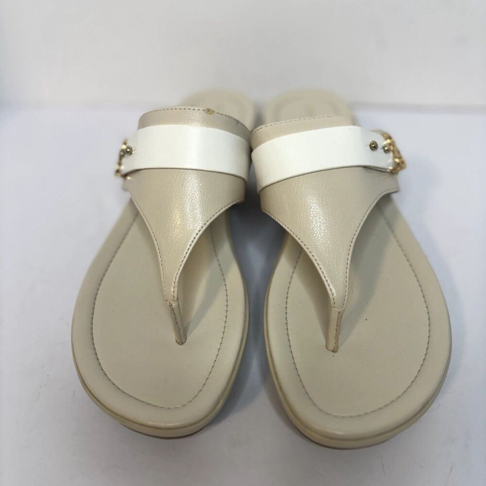 Cole Haan Thong Wedge Sandals Leather Beige White Gold Hardware Womens 8B - Picture 3 of 8